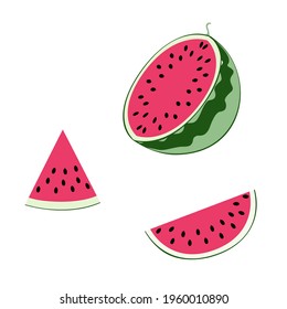 An outline vector illustration of three watermelon pieces isolated on white background. Designed in red and green colors for prints, wraps for kids and adults