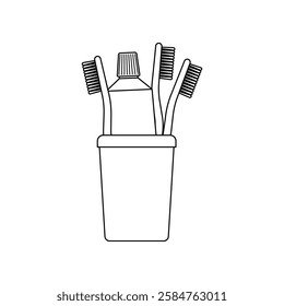 outline vector illustration of toothbrush and toothpaste in glass, oral hygiene
