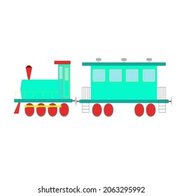 An outline vector illustration of a toy train isolated on transparent background. Designed in blue, turquoise, red, yellow, grey colors for web concepts, prints, wraps, templates.