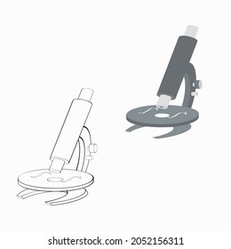 An outline vector illustration of two 3d microscopes isolated on white background. Designed in grey, black and white colors for medical, chemical, science concepts.