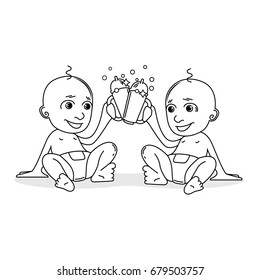 Outline vector illustration of two babies with baby bottle