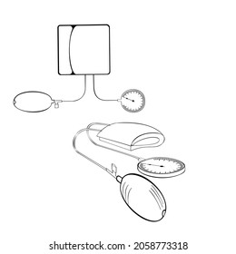 An outline vector illustration of two blood-pressure cuffs on transparent background. Designed in black and white colors for medical concepts