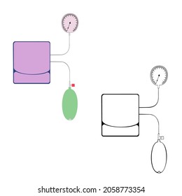An outline vector illustration of two blood-pressure cuffs on transparent background. Designed in pink, green, black and white colors for medical concepts