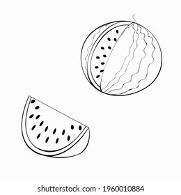 An outline vector illustration of two cut watermelons isolated on white background. Designed in black and white colors for prints, wraps and as a coloring page for kids and adults.