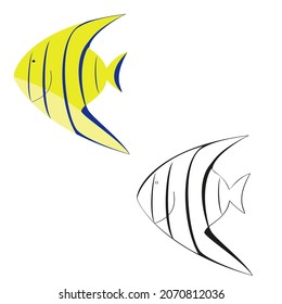 An outline vector illustration of two fish isolated on transparent background. Designed in blue, yellow, black and white colors as a coloring book page