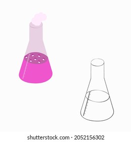 Ilustración de dos frascos cónicos de vidrio graduados aislados en fondo blanco. Diseñado en colores rosa, negro y blanco para conceptos médicos