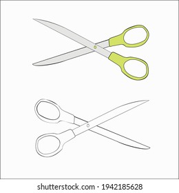 An outline vector illustration of two metal scissors isolated on white background. Designed in a classic style as a coloring page for adults and kids