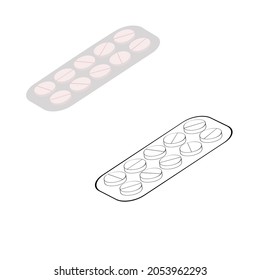 An outline vector illustration of two pill blisters isolated on transparent background. Designed in grey, beige, black and white colors for medical concepts