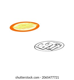 An outline vector illustration of two plates with cheese slices isolated on transparent background. Designed in black and white, yellow, pinkish, red colors as a coloring book page, for web concepts