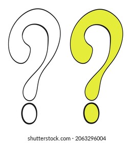 Ilustración vectorial de dos signos de interrogación aislados en fondo transparente. Diseñado en colores amarillo y negro como página de un libro de colores.