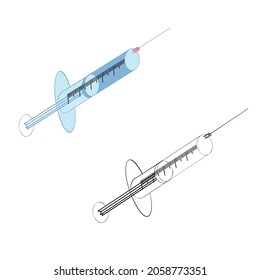 An outline vector illustration of two syringes isolated on transparent background. Designed in blue, black and white colors for medical concepts.