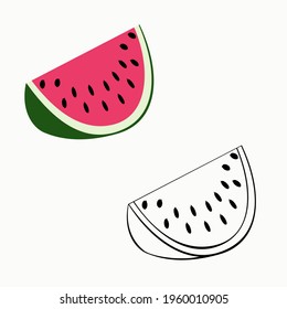 An outline vector illustration of two watermelon pieces isolated on white background. Designed in red and green colors for prints, wraps as a coloring page for kids and adults