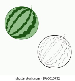 An outline vector illustration of two watermelons isolated on white background. Designed in black and white and green colors for prints, wraps and as a coloring page for kids and adults.