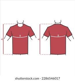 Outline vector illustration of unisex short sleeve t-shirts - sizing chart, for cloth template size label