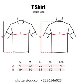 Outline vector illustration of unisex short sleeve t-shirts - sizing chart, for cloth template size label