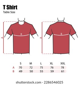 Outline vector illustration of unisex short sleeve t-shirts - sizing chart, for cloth template size label