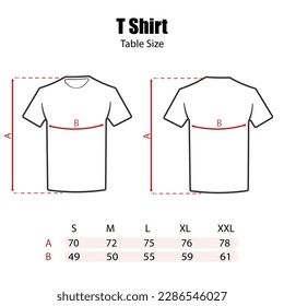 Outline vector illustration of unisex short sleeve t-shirts - sizing chart, for cloth template size label