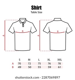 Outline vector illustration unisex short sleeve collared shirts - sizing chart, for cloth template size label