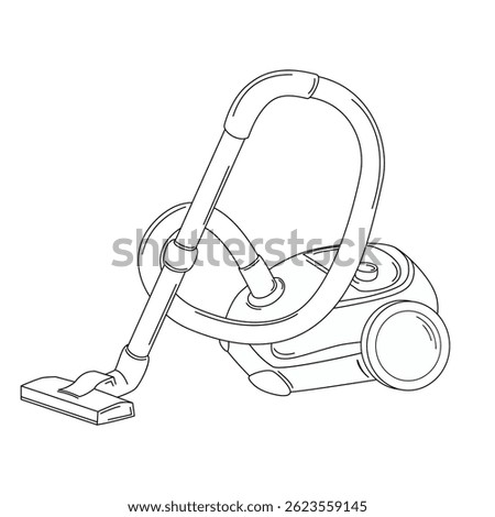Outline vector illustration of a vacuum cleaner with a hose and wheels. Depicts household cleaning equipment commonly used for floor maintenance and dust removal.