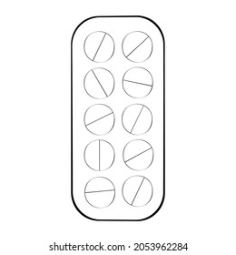 An outline vector illustration of a vertical pill blister isolated on transparent background. Designed in black and white colors for medical concepts