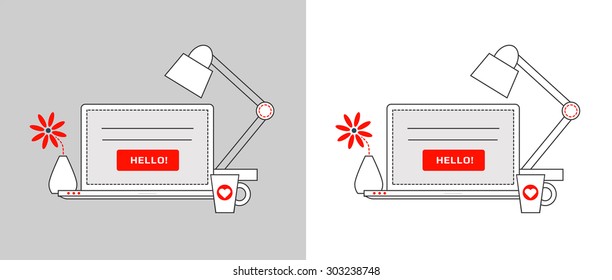 Outline vector illustration of website design development process with modern designer workplace. 