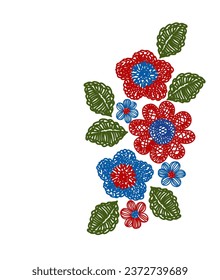 outline vector illustration of wildflowers bouquet of embroidered flowers and leaves in red blue and green colors with white background