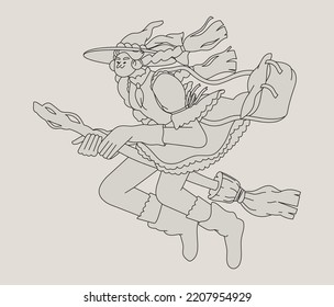 Outline vector illustration of a witch on a broomstick flying. Creative character for print, poster greeting card or colouring book. Happy halloween.