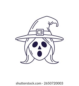 Outline vector illustration of a witch's head with a classic pointed hat and a surprised or frightened facial expression, with eye and mouth holes. Ideal for Halloween or horror designs.