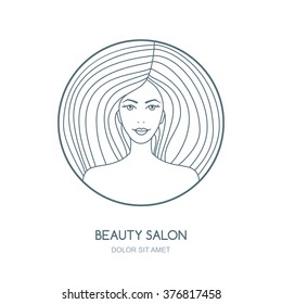 Outline vector illustration of woman. Vector logo, badge, label design template. Womens face in circle shape. Concept for beauty salon, cosmetics product, cosmetology procedures, massage and spa.

