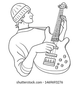 Outline Vector illustration of a young electric bass player.  monochrome cartoon drawing.