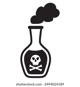 Outline vector illustration.Isolated on white background.Magic acid toxic. Toxic smoke.Venom liquid.Glass poison bottle icon. Bottle with skull label.Poisonous chemical toxin with crossbones label.