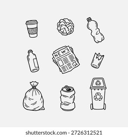 Descrever ilustrações vetoriais de resíduos domésticos comuns e recicláveis, destacando hábitos de vida sustentáveis e ecologicamente corretos