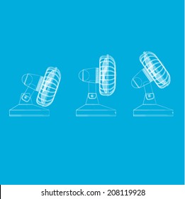 Outline vector illustrations of fans. A side view of the three-position fan on blue background. Isolated white outline vector illustrations.