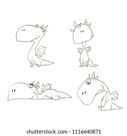 Outline vector illustrations set of a cartoon sad dragons