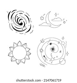 Outline vector illustrations - Universe signs. Linear planets with satellites, stars and other signs. Space and galaxy. Perfect for logo, card, print, branding, stickers