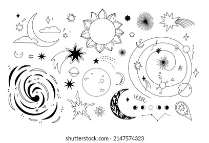 Outline vector illustrations - Universe signs. Linear planets with satellites, stars and other signs. Space and galaxy. Perfect for logo, card, print, branding, stickers