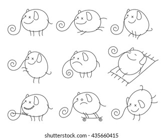 Outline vector images of cheerful cartoon elephant in various poses. Black and white.