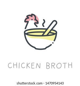 Outline vector isolated food icon of chicken broth, soup.