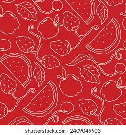 Outline Vector Juicy Fresh Fruit Repeat Seamless Pattern with Red Background