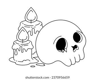  Outline Vector Kawaii Illustration of Cute Skull and Candles for Coloring Pages