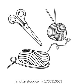 Outline vector knitting set. Ball of yarn, knitting needles and scissors. Hand drawn doodle elements for hand made branding identity, business cards, banners, decoration. Hobby and handmade supplies