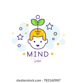 Outline vector logo design with sprout coming out of child head. Mind energy and growth concept. Children early education and development. Creative brain