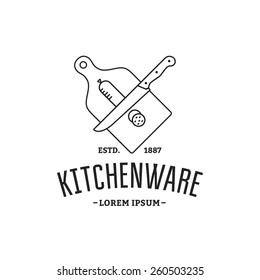 Outline Vector logo kitchenware. Silhouette sausage sliced; cutting board; knife.