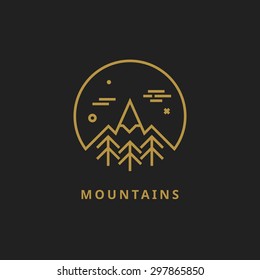 Outline vector logo of mountain. Landscape line illustration. Mountain line logo. Mountain badge. Travel logo. Nature logo. Camping logo. Mountain design element. Mountain line logo. Nature line logo.