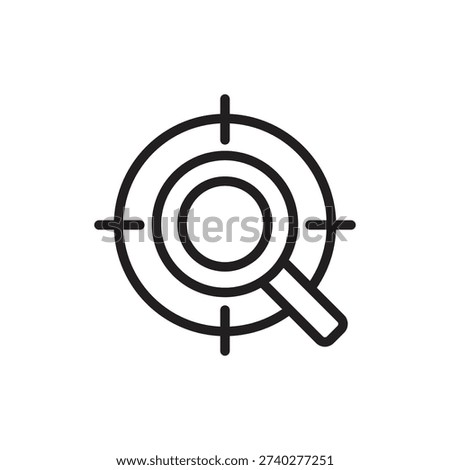Outline vector of a magnifying glass focused on a target center, illustrating search intent and focused analytics.