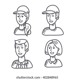 Outline vector male and woman faces icons isolated set 
