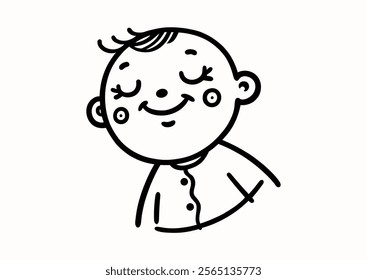 Outline vector portrait of carefree sleeping child who is dreaming happy dreams and smiling in his sleep. Black and white vector illustration of sleeping child. Greeting card, logo, pictogram, flyer