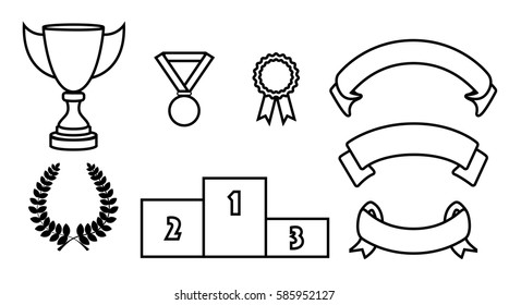 Outline vector prizes, medals, cups, trophy and laurel on white background