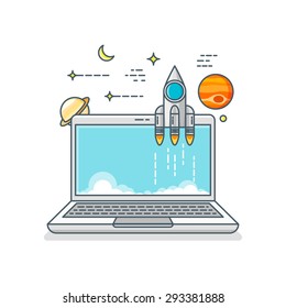 Outline vector rocket icon with laptop. Startup concept. 