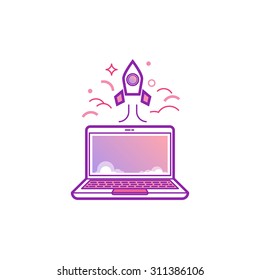 Outline vector rocket icon with laptop. Start up concept. 